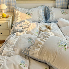 YICKYUE  -  Korean Princess Style Double Layer Lace Flower Embroidery 100% Cotton Bedding Set Plaid Style Duvet Covers Bed Sheet Pillowcases