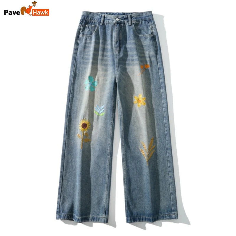 HEARUJOY  -  Hip Hop Trendy Jeans Mens Flower Embroidery Loose Straight Tube Cowboy Pants Size M-3XL Multiple Pockets Denim Trousers Male