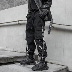 Hearujoy Techwear Cargo Pants Men Joggers Black Cargo Trousers for Men Jogging Japanese Streetwear Hip Hop Hippie Gothic Ribbon