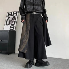 Hearujoy Mens Dark Knight Style Japanese Genderless Spliced Culottes Essential For Couples Irregular Casual Temperament Wide-Leg Culottes