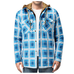 HEARUJOY  -  Men'S Winter Plaid Hooded Jacket Lapel Pocket Hooded Padded Loose Shirt Top Jacket Winter Korean Thickened Fleece Fluffy Jacket