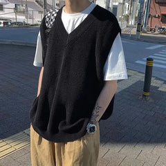 HEARUJOY  -  Men's Clothing Blue Plain Sleeveless Vest Knit Sweater Male Waistcoat V Neck Solid Color Warm Classic Cheap Japanese Retro Wool