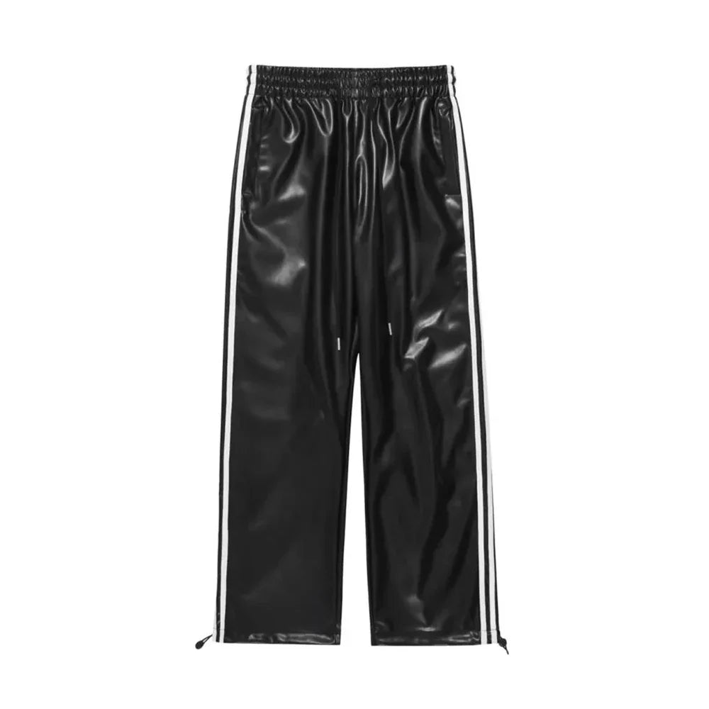 Hearujoy 2024 New Men's Spring Autumn Loose Straight Casual Mopping Sense Wide-leg Sports Pants High Street Style Leather Pants