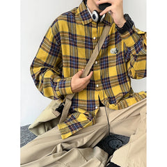 HEARUJOY  -  Autumn Long Sleeved Shirt Men Oversized Retro Casual Shirt Men Japanese Streetwear Loose Plaid Shirt Mens Vintage Shirts M-3XL