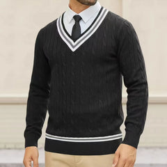 HEARUJOY  -  Men's Sweaters V-neck Pullover Knitting Tops Spring Autumn Sweaters Knitwear High Quality Jumpers Stripe Splicing Color Clothes