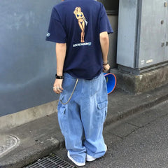 Hearujoy Jeans Y2K Mens Baggy Denim Cargo Trousers Stylish American Vintage Light Wash Streetwear Pockets Urban Fashion Men's Clothing