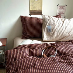 YICKYUE  -  Simple Striped Bedding Set Washable Cotton Dark Gray Quilt Cover With Pillowcases Bed Sheet Set Skin-Friendly Soft Single Twin