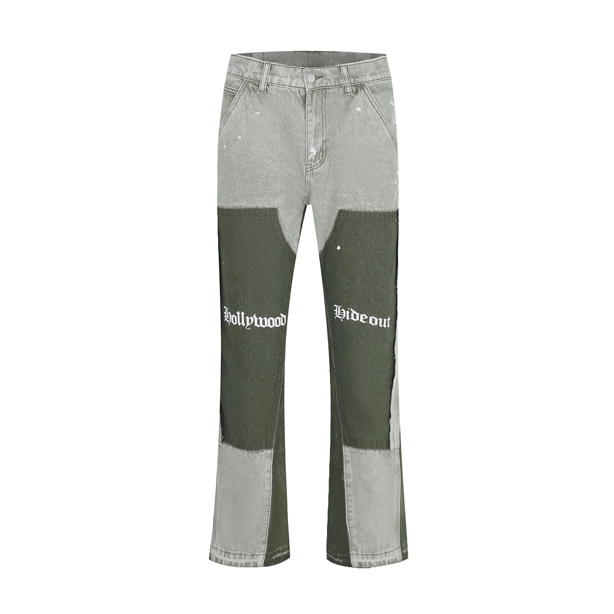 Hearujoy Vintage Distressed Jeans Green Graffiti Mens Flared Denim Jean Hip Hop Splash Ink Y2k Street Wear Casual Slim Fit Jean Man Pant