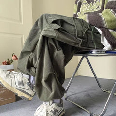 Hearujoy Corduroy Cargo Pants for Men Streetwear Black Cargo Trousers Male Joggers Hip Hop Green Black Japanese Pocket Korean