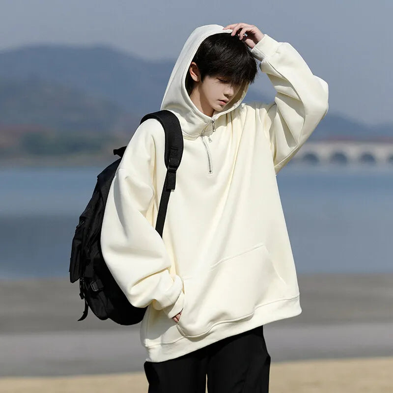 HEARUJOY  -  Spring Casual Hoodie Mens Half Zip Pullover Pure Color Streetwear Oversize Comfort Loose Fit Trending Hooded Sweatshirt