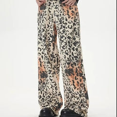 HEARUJOY  -  High Street Retro Jeans Mens Washed Old Leopard Print Full Print Cowboy Trousers Hip Hop Straight Wide Leg Denim Overalls Summer