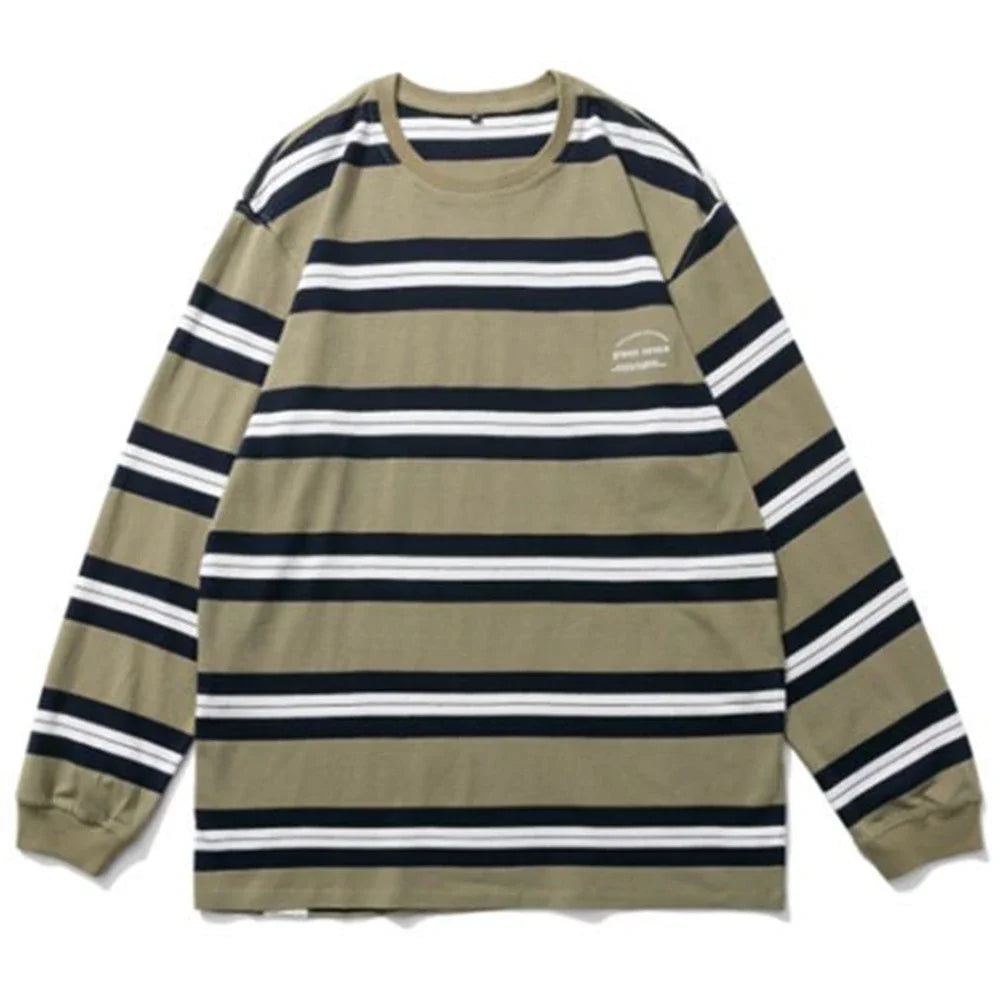 Hearujoy American Retro Trendy Contrasting Striped Round Neck Long-Sleeved T-Shirt Casual Hip-Hop Street Vibe Tops For Men Women Couples