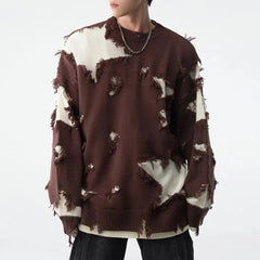 Hearujoy Mens Autumn Winter Y2k Hole Distressed Fake Two-Piece Sweater Essential Oversize Loose Trendy High Street Retro Knitted Sweater