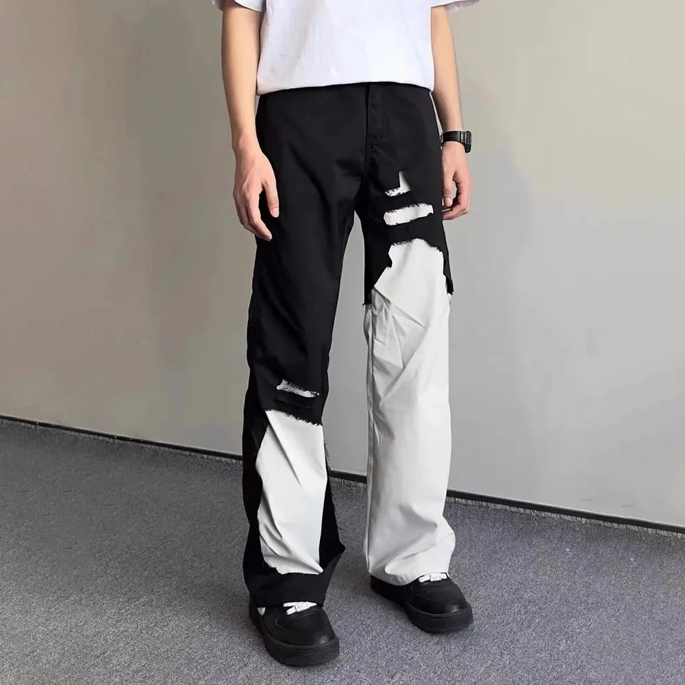 HEARUJOY  -  Mens Jeans Y2k Black White Irregular Stitching Ripped Jeans Streetwear Hip-Hop Casual Slim Straight Pants Men'S Clothing