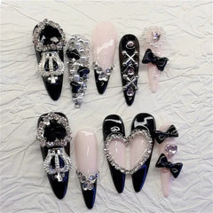 YICKYUE  -  10PCS Handmade Press on Nails Spicy Girls Black Pink Long Almond Fake Nails Wearable Heavy Metal Rhinestome Bow False Nails