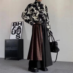 HEARUJOY  -  Mens Double Layer Chinese Calligraphy Splicing Irregular Culottes Genderless Waist Strap Loose Wide Leg Pants Unisex