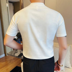 HEARUJOY  -  Men's Stretch Cotton Crew Neck Tee Metallic Belt Accent  69% Cotton Urban Streetwear Top Asymmetric Panel  Tailored Hem