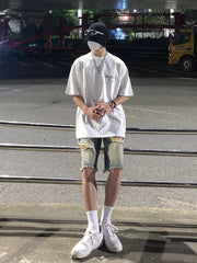 HEARUJOY  -  Retro High Street Versatile Five-point Men's Wide-leg Ripped Denim Shorts