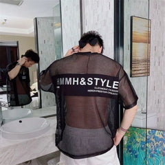 Hearujoy Summer Korean Version Of The Trendy Grid Hollow Printing Short-Sleeved Trendy Men's Fashion All-match Personality Half-Sleeves