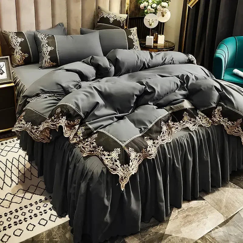 YICKYUE  -  Lace edge bed skirt bed cover matte four piece set, 1.5m 1.8m European style thickened version