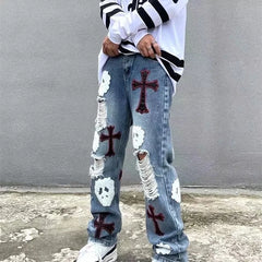Hearujoy High Street Star Patch Embroidery Ripped Jeans Men's and Women's Same Style Retro Fashion Washed Distressed Slim Pants