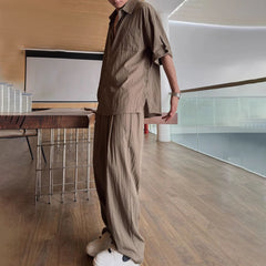 Hearujoy Mens Casual Light Shirt Wide Leg Pants 2024 New Genderless Fashion Vacation Basics Versatile Solid Color Suit Two-Piece Unisex