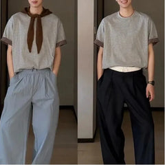 HEARUJOY  -  Men Summer Light Gray Fake Two Piece Short Sleeve T Shirt Korean Style Patchwork Plaid Cuffed Sleeve Loose Casual Top