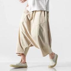 HEARUJOY  -  Summer Men Plus Size Casual Harem Pants Vintage Loose Cotton Linen Wide Leg Pants Men Elastic Waist Pantalones Trousers