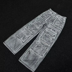 Hearujoy American retro distressed dirty multi-pocket jeans for men and women high street y2k loose trendy floor-length straight trousers