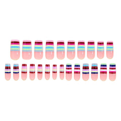 YICKYUE  -  24pcs Dopamine Color False Nails Lines French Tip Press On Nails Wearable Long Coffin Fake Nails For Fashion Party And Daily Use