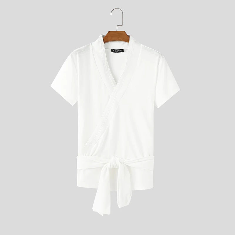 HEARUJOY  -  Men Shirt Lace Patchwork V Neck Summer Short Sleeve Streetwear Men Clothing With Belt Lace Up Fashion Male Shirts S-5XL