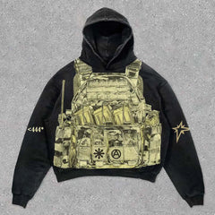 Hearujoy Body armor printed washed street hooded sweatshirt 2024 hot selling trendy retro loose fashionable sweatshirt for men and women