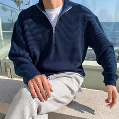 YICKYUE  -  American Retro Half Zipper Knitted Pullover Men Long Sleeved Stand Collar Loose Knit Weatshirt Autumn Fashion Simple Sweater