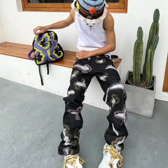 Hearujoy American-style ripped embroidered denim trousers men's and women's fashion same style loose straight trendy fashion trousers ins