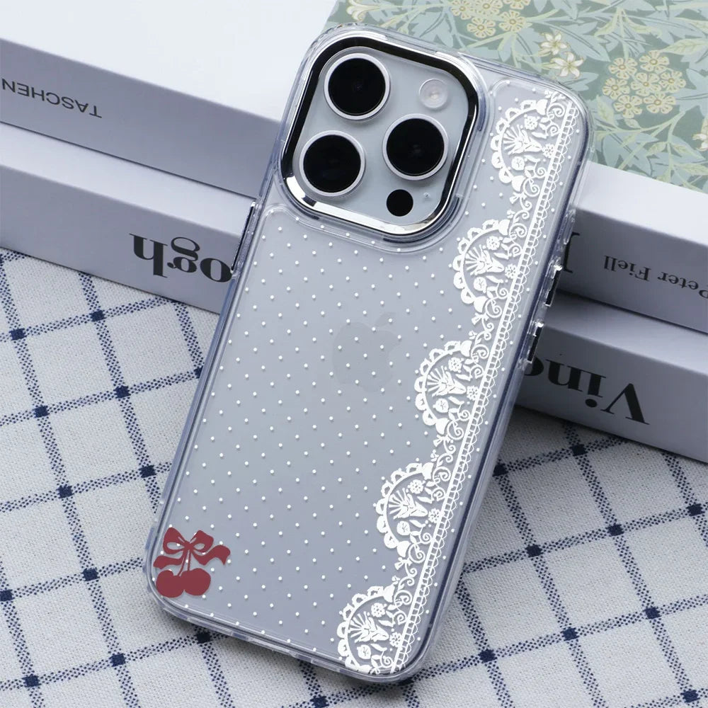 YICKYUE  -  White Lace Polka Dot Clear Soft Phone Case For iPhone 17 16 15 14 13 12 11 Pro MAX XS XR 7 8 Plus 17air 16e Transparent Cover