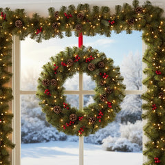 YICKYUE  -  Christmas Garland Artificial Rattan with LED, Red Berries, Pinecones, Xmas Wreath for Home Tree Door, New Year Decoration