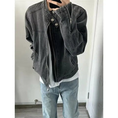 HEARUJOY  -  Punk Gray Denim Jacket Men's American Retro Heavy Industry Coat Metal Design Stand Collar Old Washed Short Spliced Street Jacket
