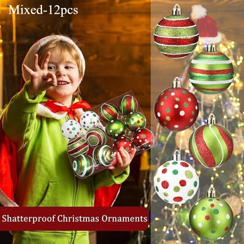 YICKYUE  -  12pcs Christmas Ball Ornaments 2.4 Inch Round Plastic Hanging Decorations Glittering Elf Ball Festival Christmas Tree Decoration