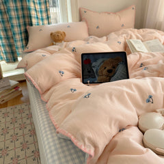 YICKYUE  -  3/4PCS Ins Peach Bedding Set Grey Grid Cherry Embroidery Shell Seam Edge Double-layer Yarn Super Soft Comfortable Bedroom Decor