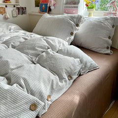 YICKYUE  -  3/4Pcs Bedding Set Futon Minimalist Striped Button-Down Style 100% Washed Cotton Set Single Bed Sheet Set Full-Size Four-Season