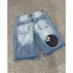Hearujoy Harajuku Fashion No. 8 Table Tennis print loose denim shorts Y2K Jeans Men and women couples Gothic casual light blue shorts