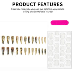 YICKYUE  -  24pcs Long Stiletto Press On Nails Skeleton Bone Texture Halloween Series False Nails French Style Party Wearable Fake Nail