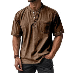 HEARUJOY  -  Summer Fashion Vintage Mens 100% Cotton Shirts Solid Lapel Short Sleeve Tops Casual Retro T-shirts Pullover Streetwear Male