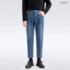 HEARUJOY  -  Spring Autumn Vintage Cotton Men Jeans Pants Elastic High Waisted Straight Trousers British Business Casual Naples Denim Pant