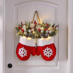YICKYUE  -  1pcs Twinkling Christmas Mitten Wreath Christmas Lighted Werath Front Door Artificial Garland for Party Wall Decoration
