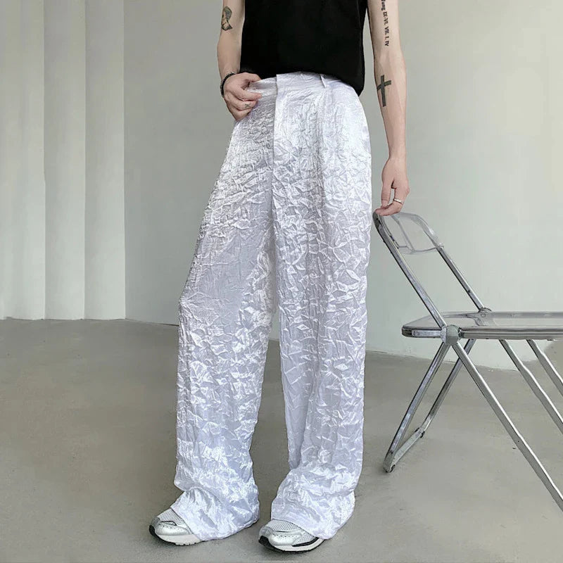 Hearujoy Summer Men's Pants Casual Wrinkle Glossy Male Trousers Straight Wide Leg Loose Bottoms Fashion Style 9C6404