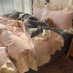 YICKYUE  -  3/4pc Ruffle Bedding Set Soft Washed Cotton Duvet Cover Set+ Bed Sheet+Pillowcases Leopard Dot Single Full Queen Home Bedclothes
