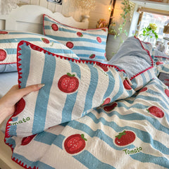 YICKYUE  -  3/4Pcs Bedding Set Korean Cute Core Tomato Print Duvet Cover Double Bed Full-Size Minimalist Bed Sheet Pillowcase Four-Season