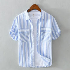 HEARUJOY  -  Man Shirt Short Sleeve Green Striped with Pocket Fashion 2025 Korean Style Slim Fit Sleeves Original Silk Collar Shirts for Men