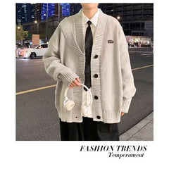 HEARUJOY  -  Fall Winter V-Neck Knitted Sweater Cardigan Men's Solid Color Casual Style Lazy Fashion Outerwear Comfortable Soft Material